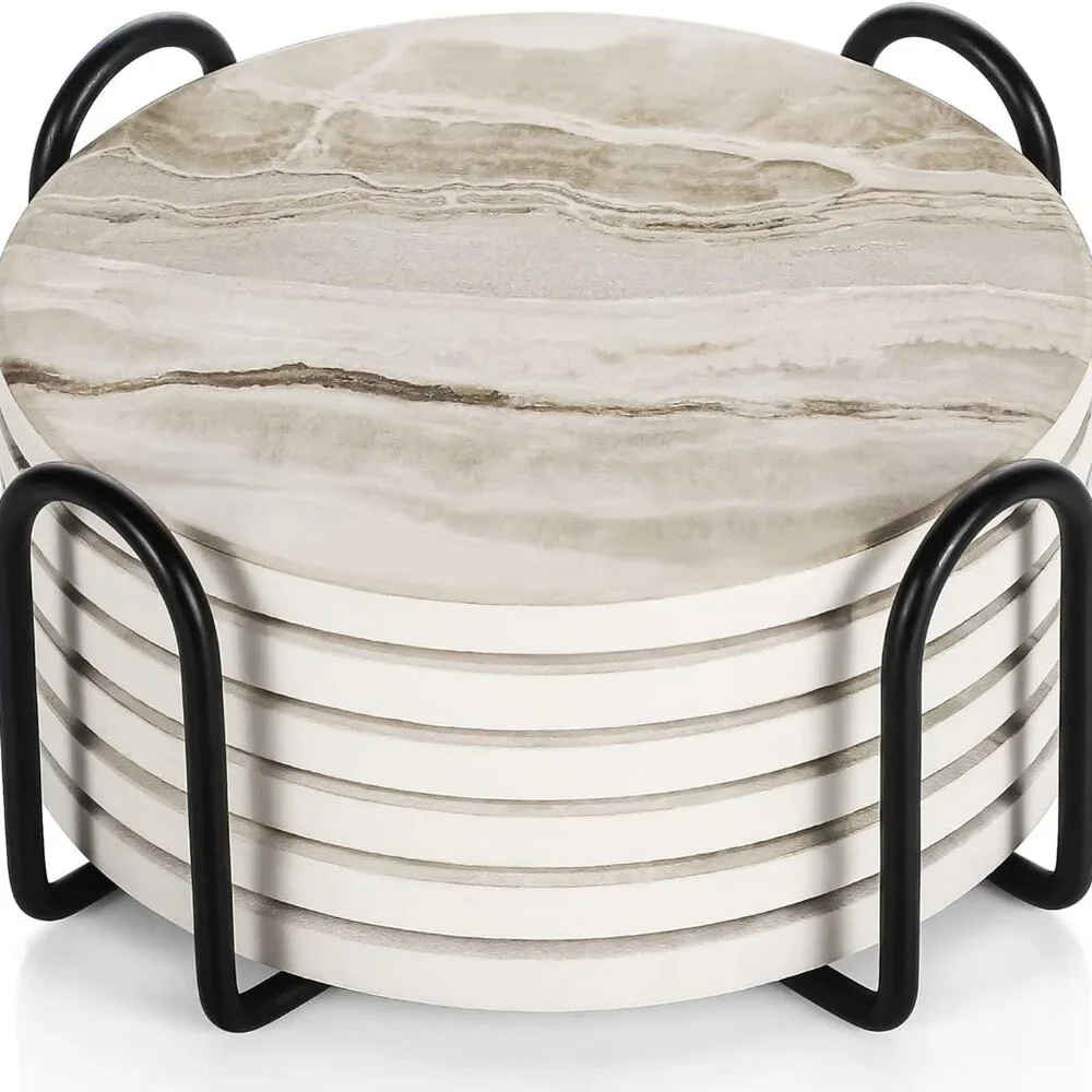 Coasters Set of 6, Coasters for Drinks Absorbent Stone with Holder, Black Marble